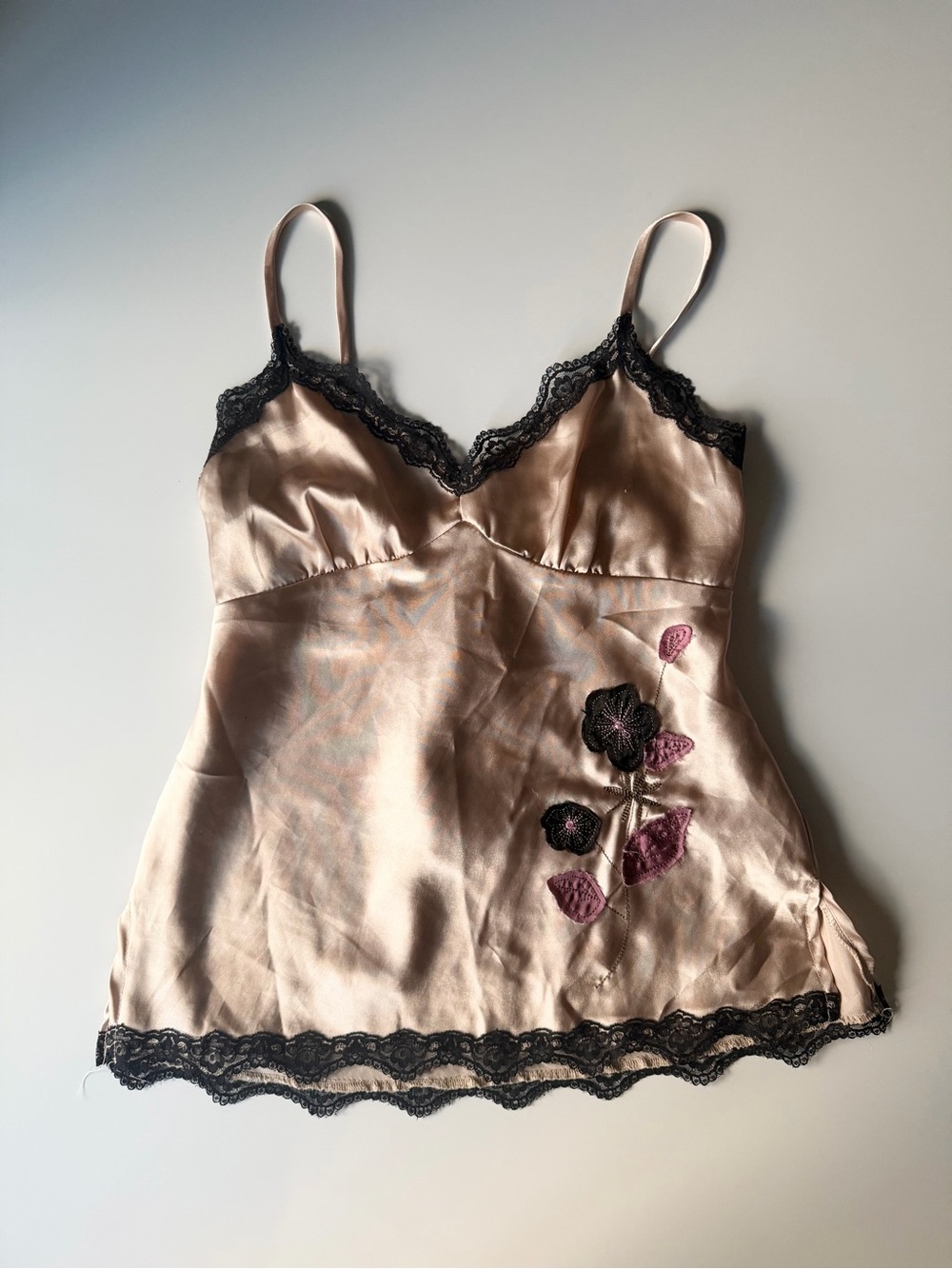 Vintage Halo Y2K Romantic Champagne Pink Satin & Black Lace Trim Cami Top